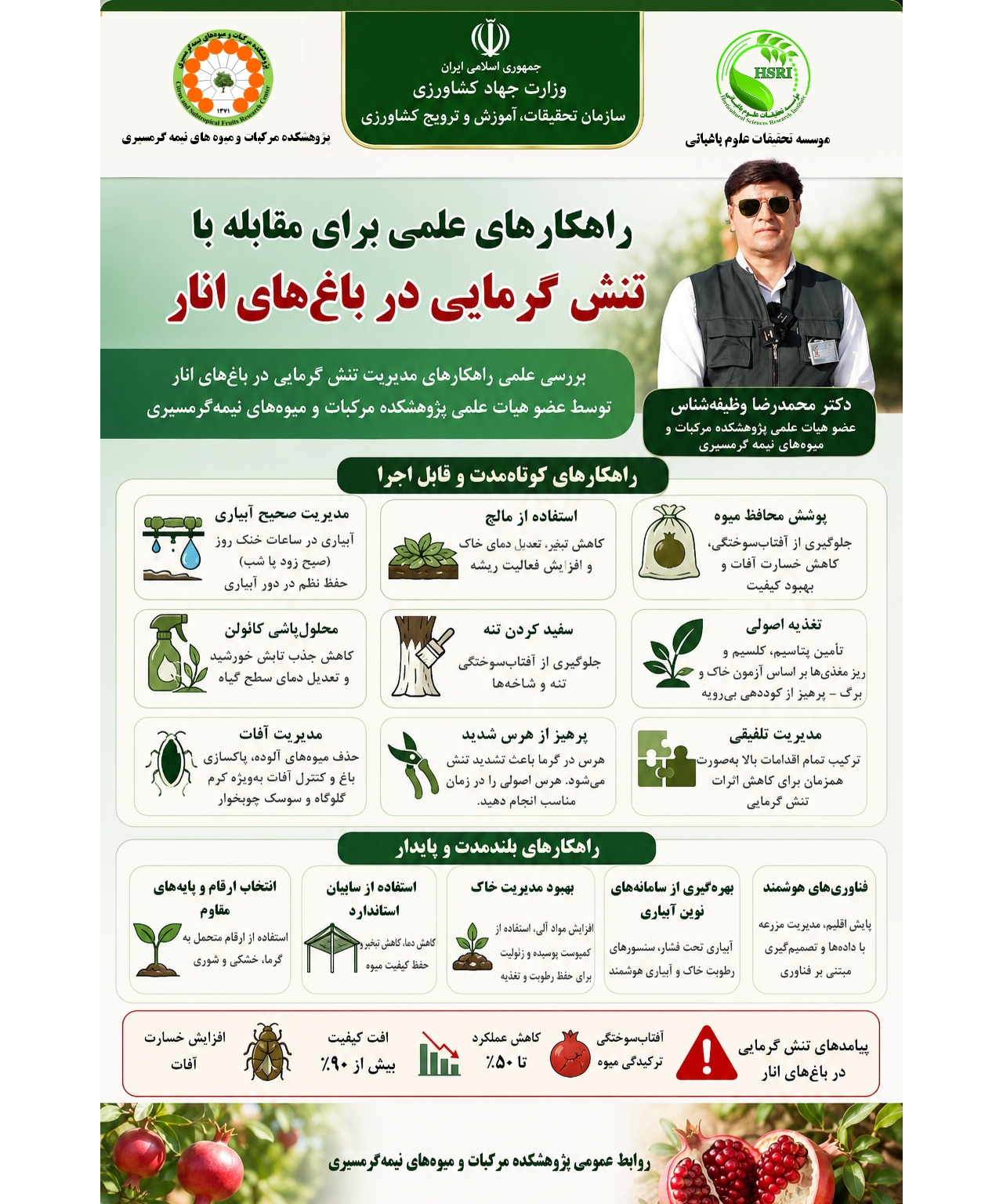 اینفوگرافیک راهکارهای علمی برای مقابله با تنش گرمایی در باغ‌های انار