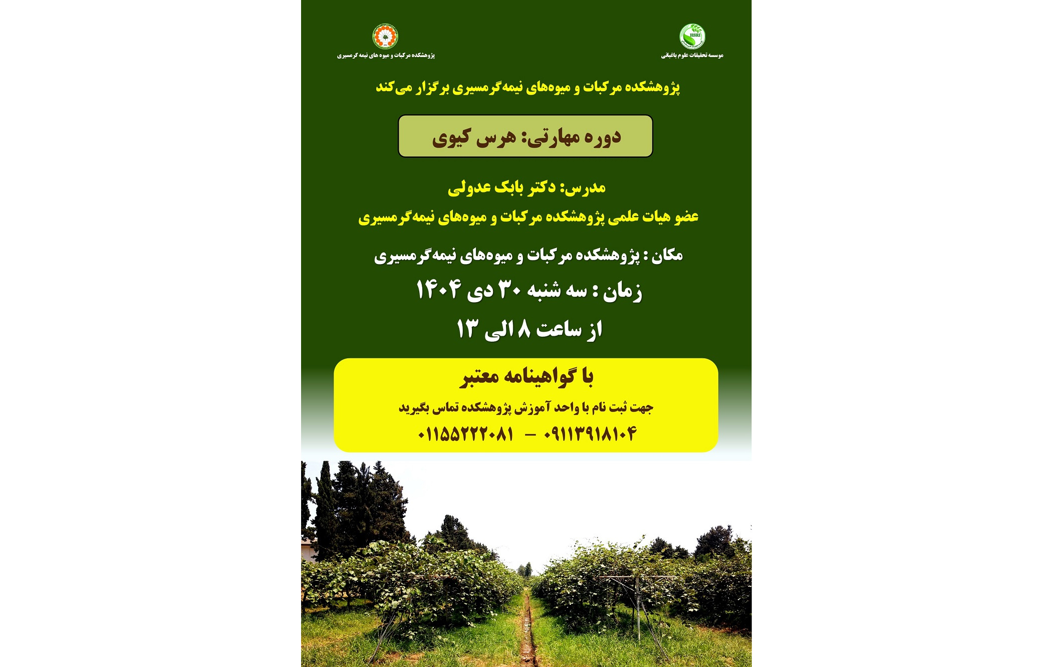دوره مهارتی هرس کیوی در پژوهشکده مرکبات و میوه‌های نیمه‌گرمسیری برگزار می شود